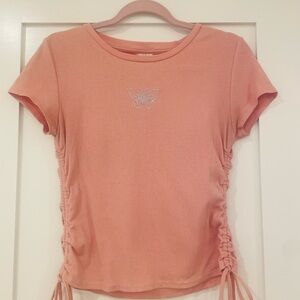 Pink Ruched Butterfly Rhinestone Embroidered Top